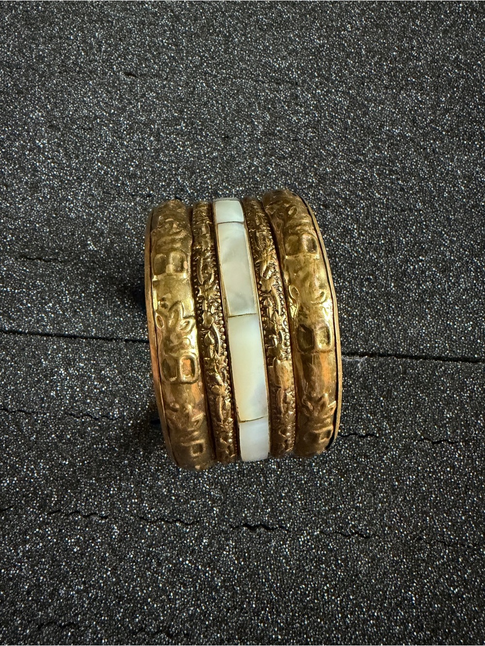 Vintage Brass Bohemian Mother of Pearl Inlay Wide Bangle Bracelet